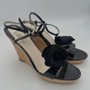 Badgley Mischka American Glamour Black Patent Chiffon Rosettes Cork Heel